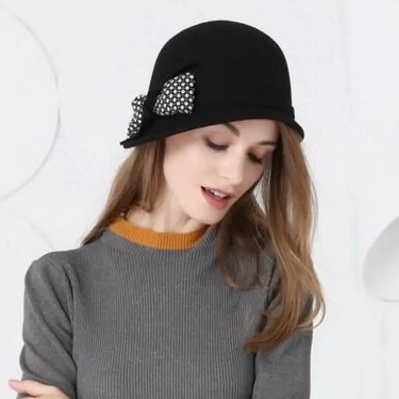 Женская шерстяная Осенняя шапка элегантная Зимняя ведро в европейском и