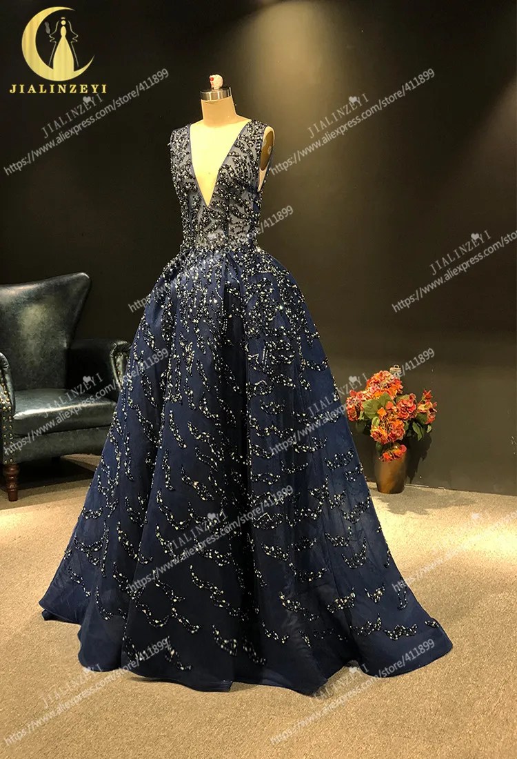JIALINZEYI роскошные темно синие Серебристые бусины Zuhair Murad сексуальные формальные