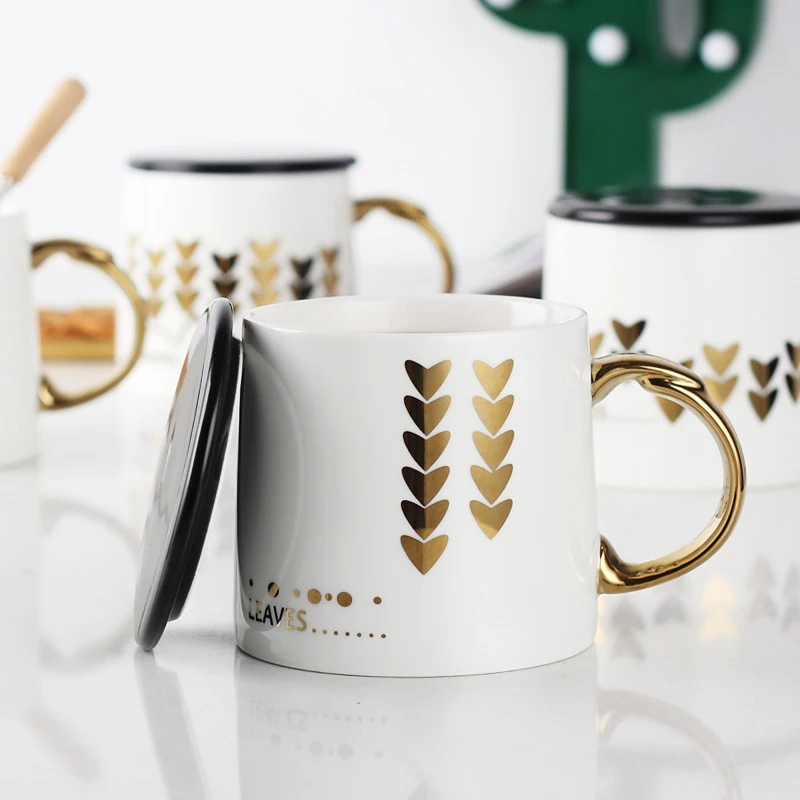 White Ceramic Coffee Mugs Gilding Leaves Water Cups with Handgrip Lid Brief Tea Mug Home Office Nordic Style | Дом и сад