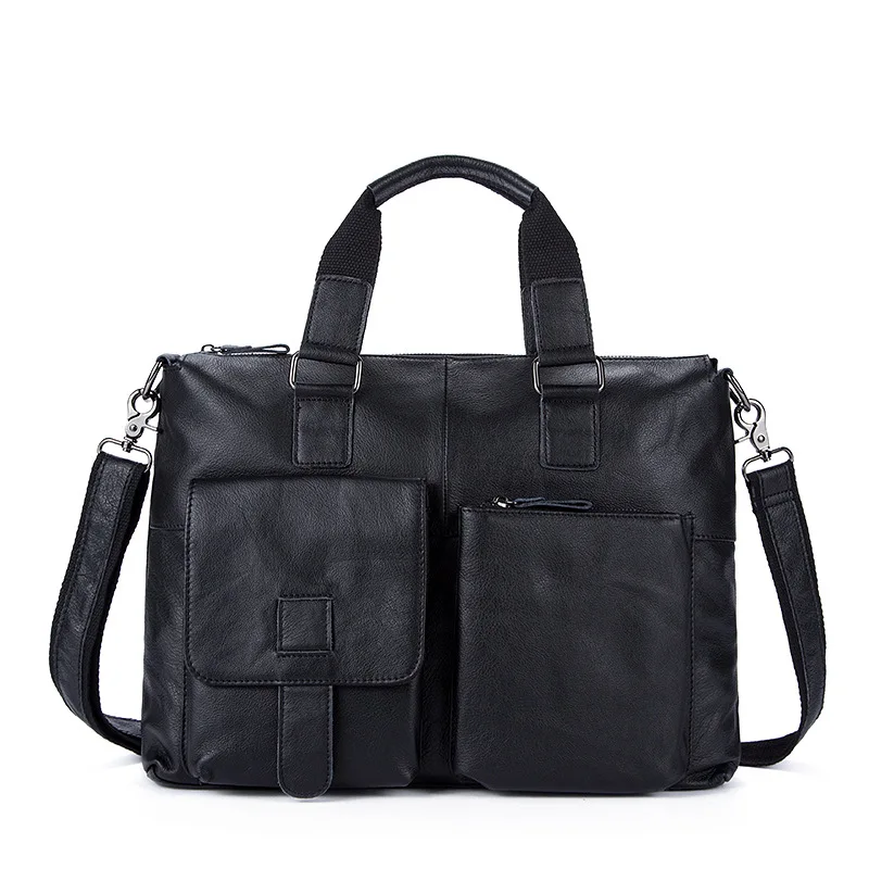 

High-capacity men's bag Solid color Business casual Genuine Leather Briefcases High-quality Cowhid handbags with 14-inch laptop