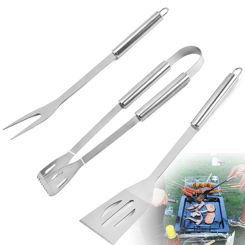 3pcs Firm Modern Tong Accessories Barbecue Tool Set Rustproof Fork Outdoor Hanging Long Home Durable Safe Stainless Steel |