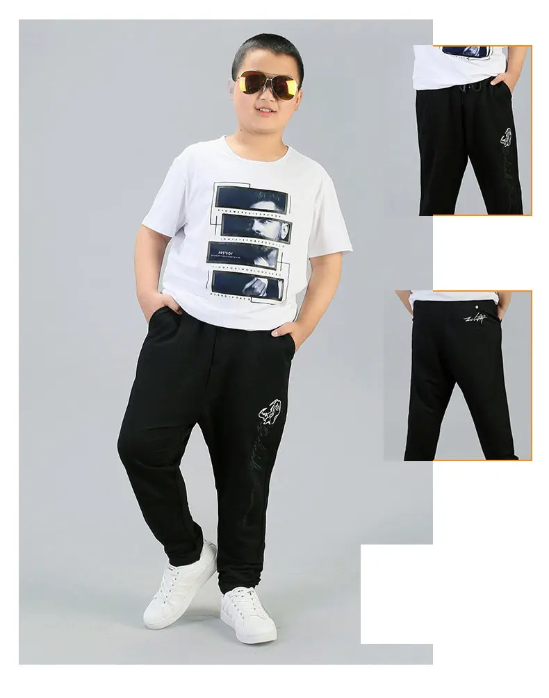 Casual Fat Boys Pants Summer Spring Plus Size Trousers for Children Teenage School Pure Black Long Pant Big Boys Clothes 12 14Y