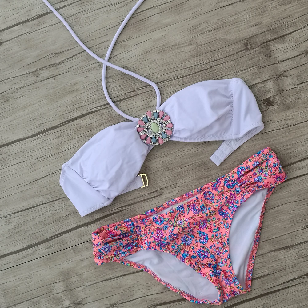 Женский дизайнерский купальник бикини с кристаллами и стразами белый купальный