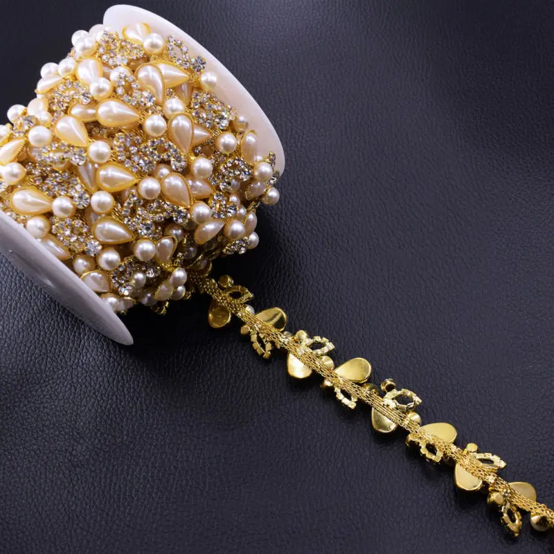 10 ярдов бежевый капельный жемчуг Стразы пришивные украшения позолоченные