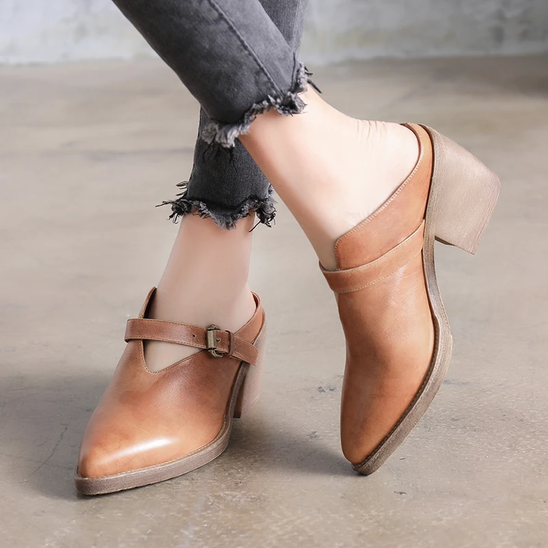 Женские кожаные туфли с острым носком на высоком каблуке тонкие Baotou пряжкой