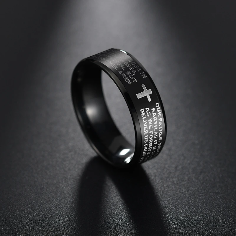 Мужское Библейское кольцо с крестом UZone черное из нержавеющей стали 8 мм для