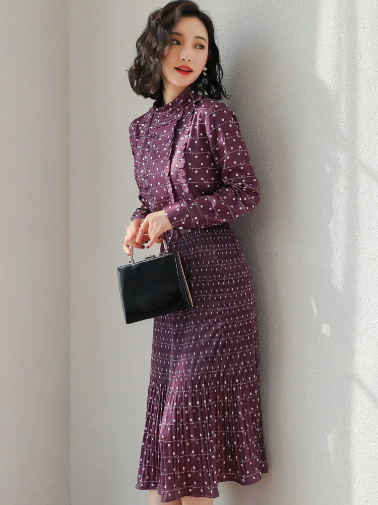 2019 new women's spring retro western European station dot dress and autumn businee offive purple | Женская одежда