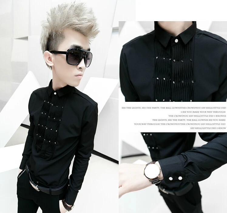 Мужская Облегающая рубашка с длинным рукавом плиссированная заклепками в