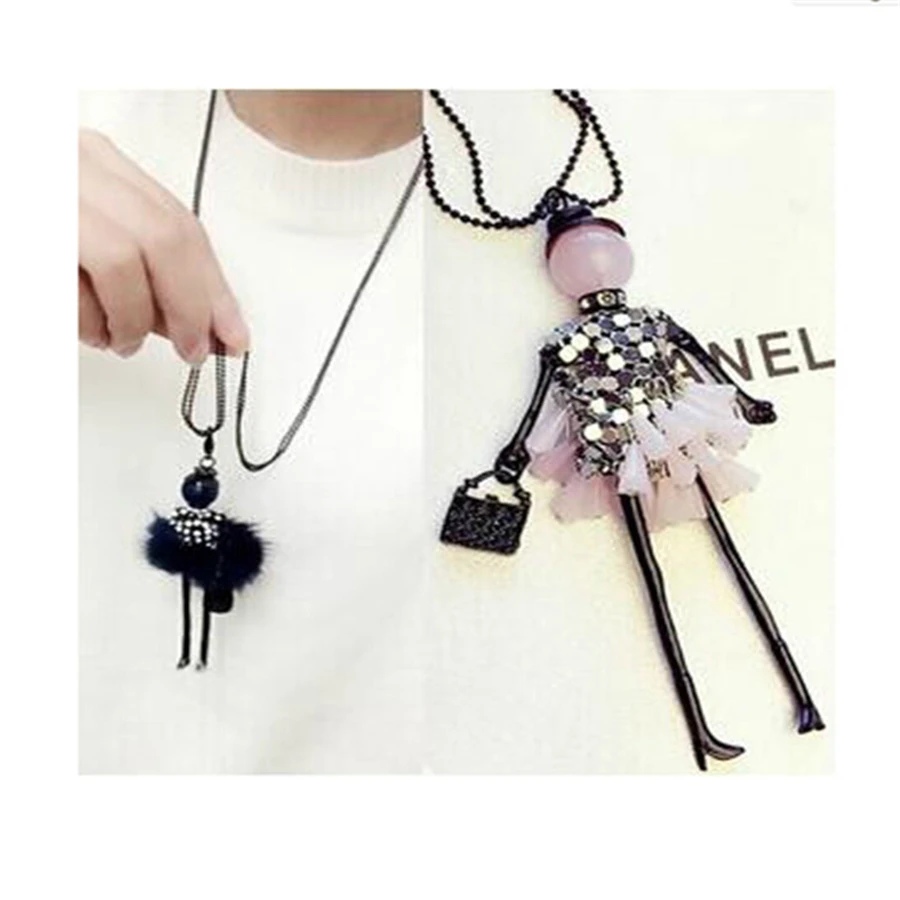 Doll cute women pendant necklace many colors long chain hot handmade girls fashion jewelry rhinestone collier femme | Украшения и