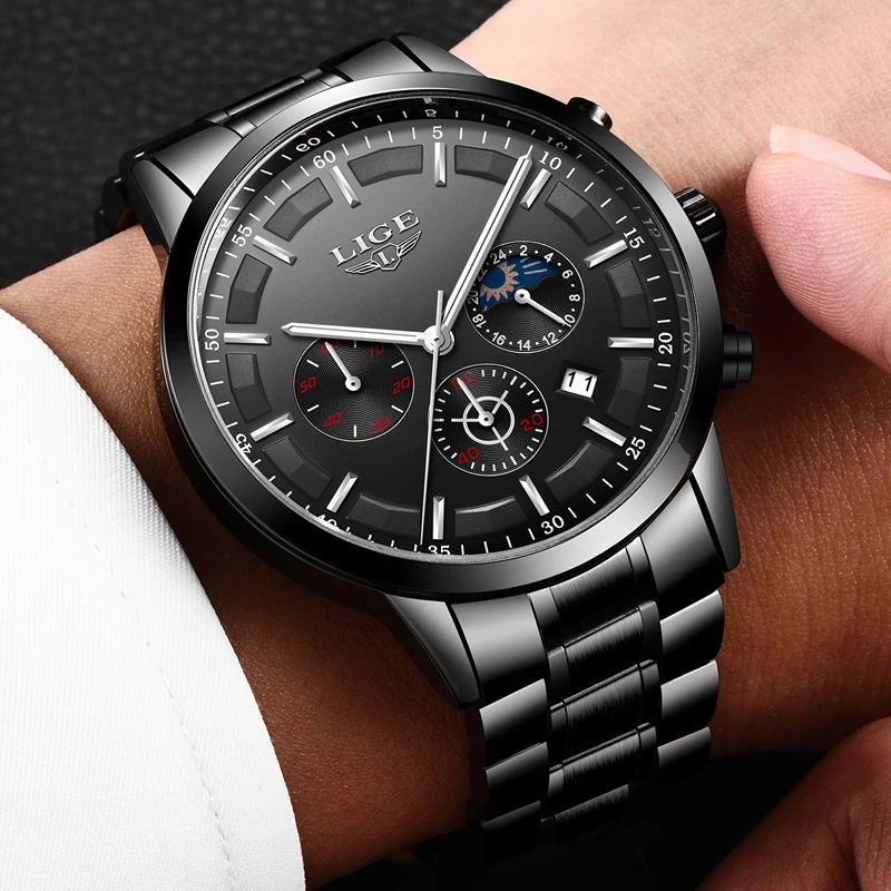2018 мужские часы Moon Phase LIGE хронограф Топ бренд класса люкс модные стальные военные