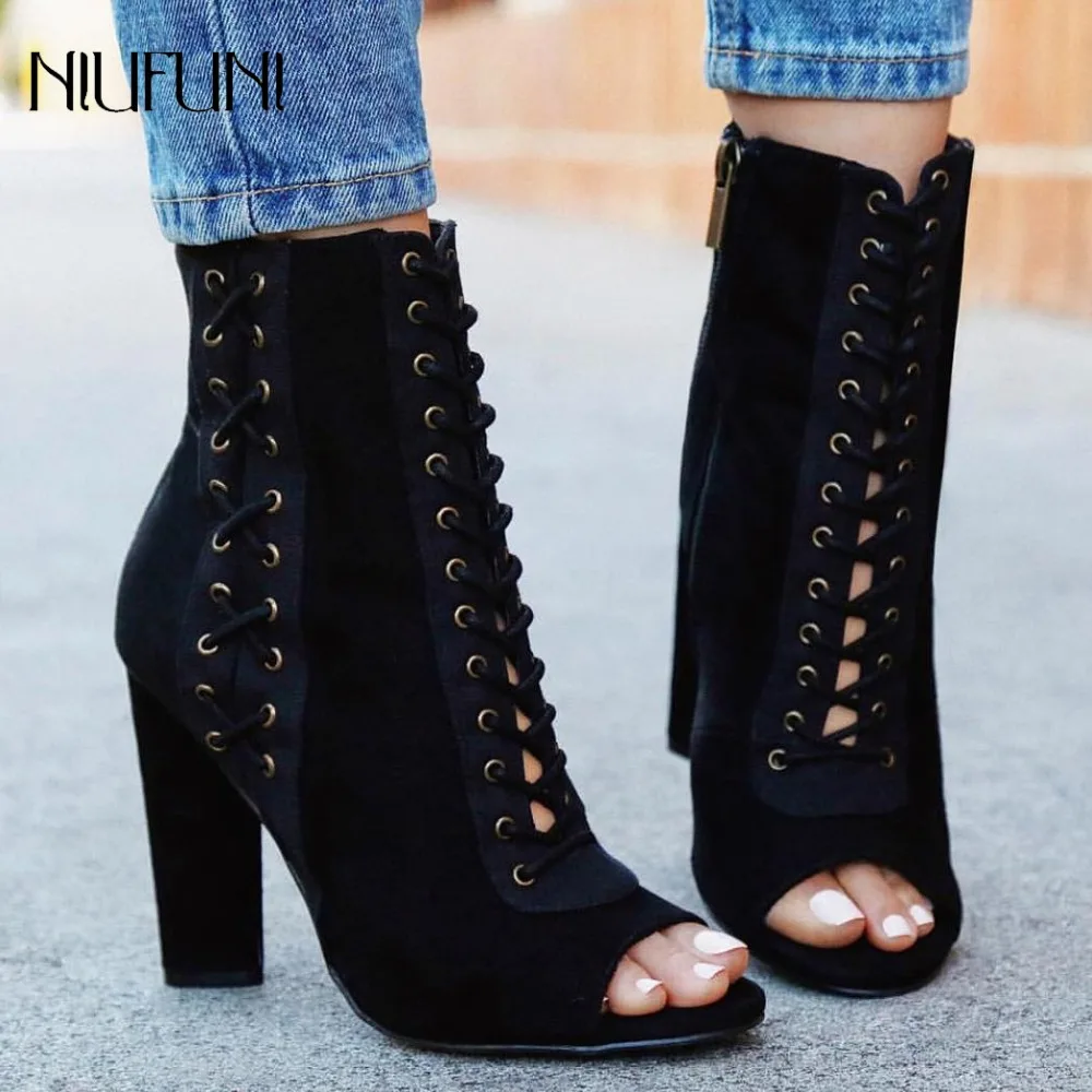 

Women Sexy Ankle Boots Suede Cross Tied Block High Heels Pumps Peep Toe Woman Ankle Boots Gladiator Sandals Boots Zipper Shoes