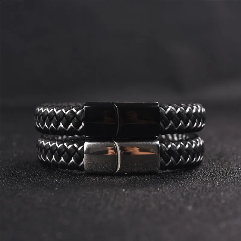 Мужской кожаный браслет с магнитной застежкой черный или синий плетеный из - Фото №1