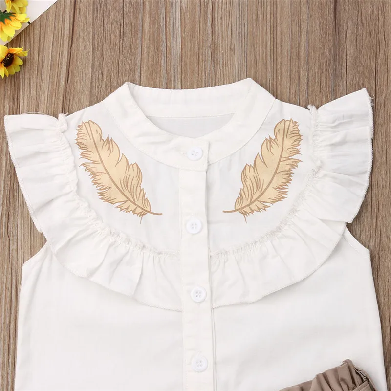 Toddler Girls Party Outfits sleeveless Ruffled Button Tops T Shirt and Shorts Set white bronzing feather print shirt shorts | Детская