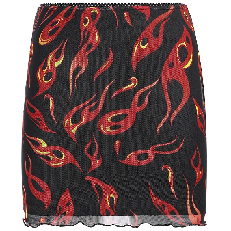 

Harajuku Top and Skirt Women Set Sexy Flame Print Perspective Mesh Short Two Piece Sets Summer Streetwear Punk Outwear