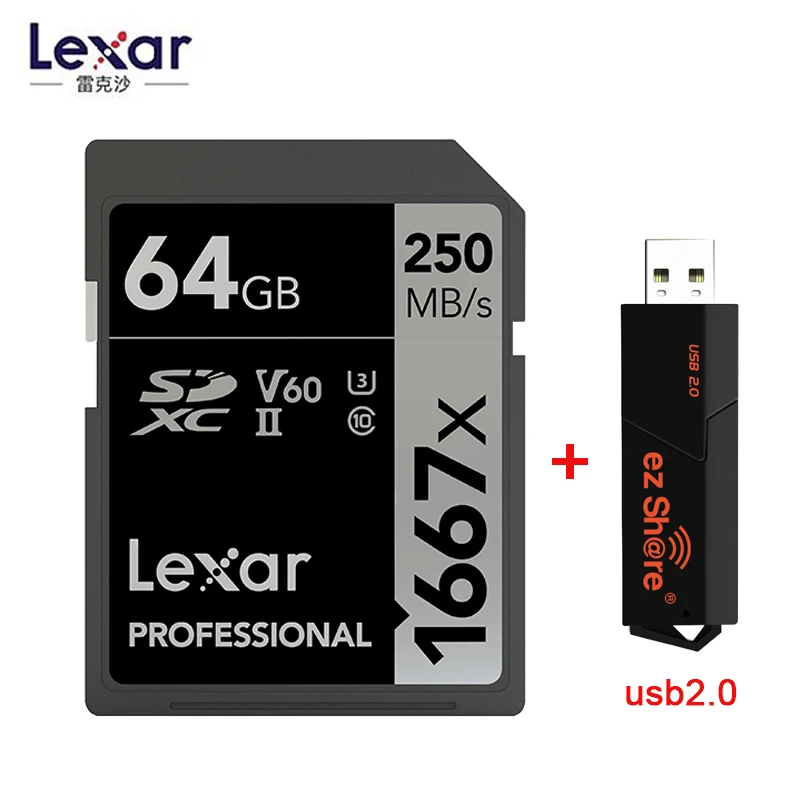 1667X 64GB-EZ Lexar 250 МБ/с. 1667x U3 Class 10 SDXC карты 64 Гб 128 256 250 МБ/с. карта памяти 32Гб SD UHS-II флэш-карта памяти для 3D 4K цифровой Камера - Емкость: 1667X 64GB-EZ