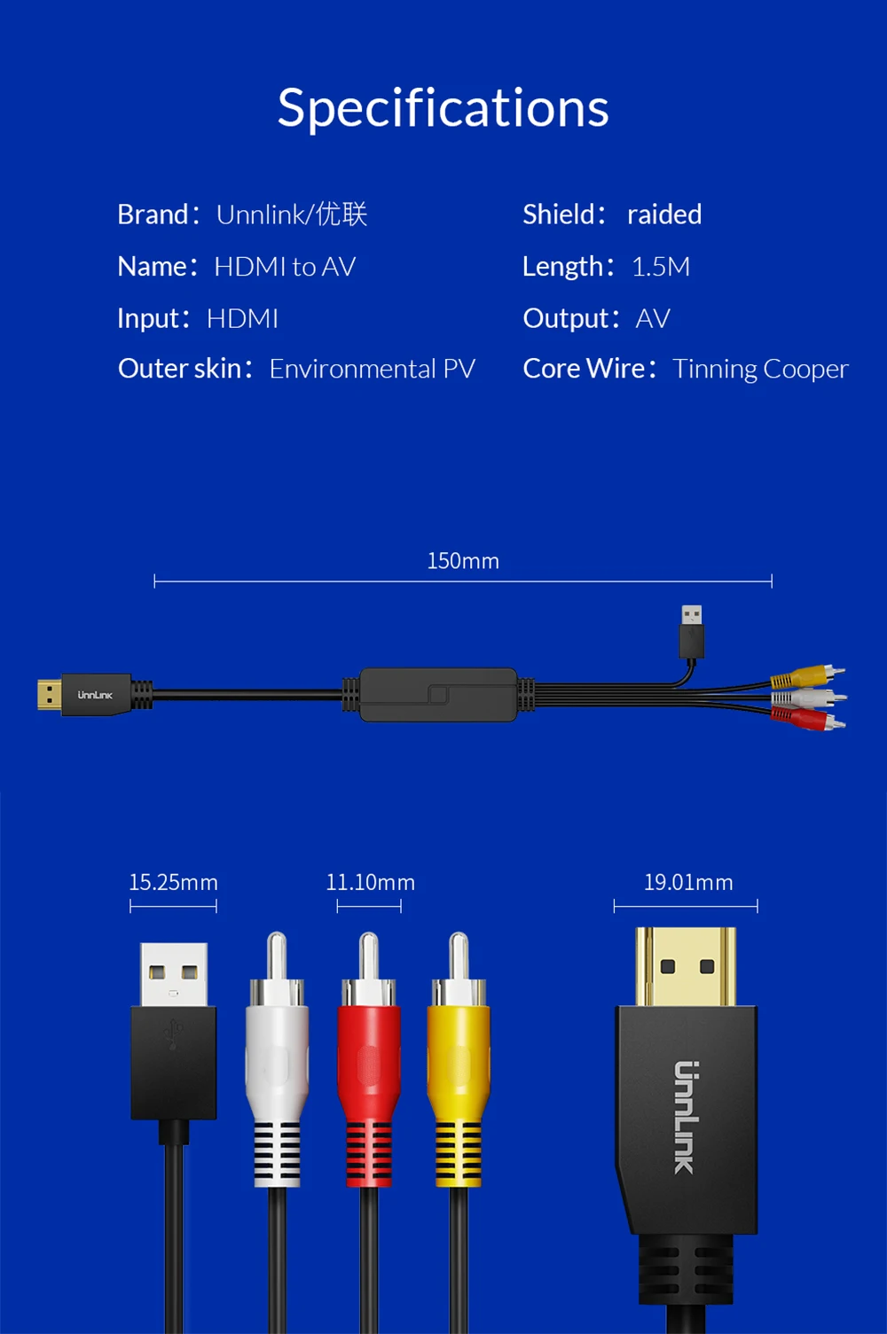 Unnlink 1,5 м HDMI к AV 3RCA кабель HDMI к CVBS видео аудио адаптер провод для старого тв Smart Android приставка проектор монитор