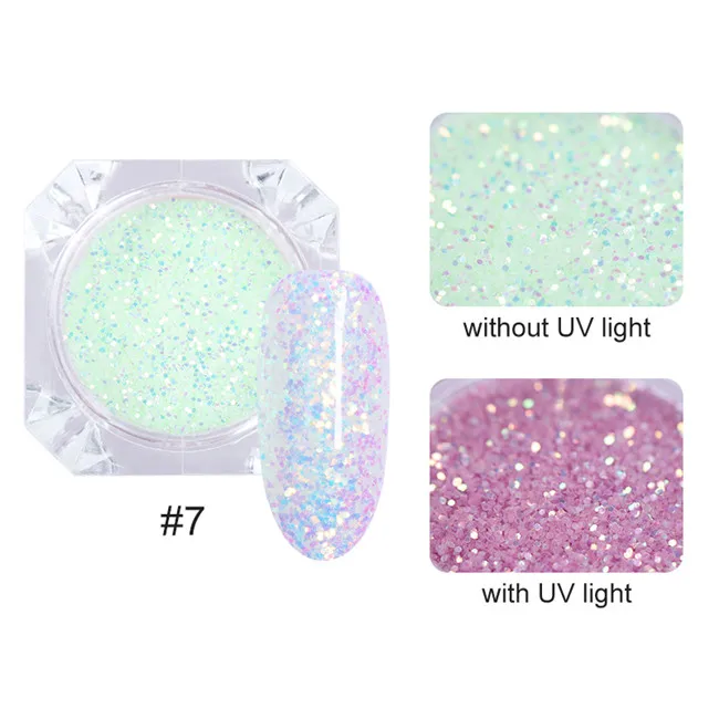 glitter7 1 коробка солнцезащитный свет УФ чувствительный меняющий цвет смешанный размер хлопья Хамелеон маникюр с блестками 3D дизайн ногтей гелевое украшение - Цвет: glitter7