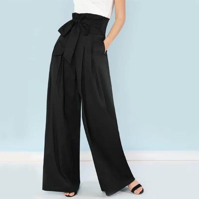 2018 Self Belted Box Pleated Palazzo Pants Women Elegant Loose Long Fall High Waist Wide Leg CSS302 | Женская одежда