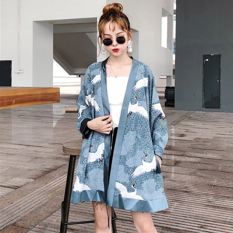 Cheerart японское кимоно кардиган журавль принт длинные на шнуровке блузки для