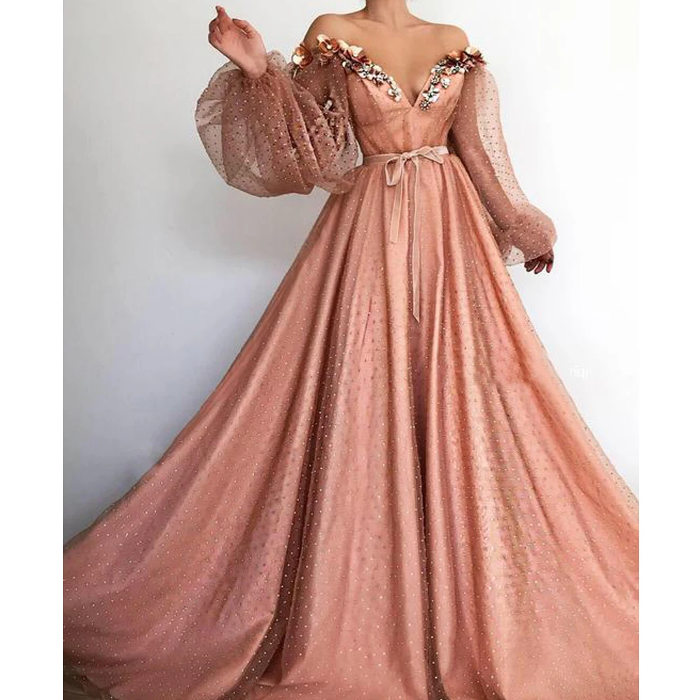 peach prom dresses 2019 long sleeve lace appliques flowers pearls tulle beaded evening vestidos de fiesta arabic | Свадьбы и
