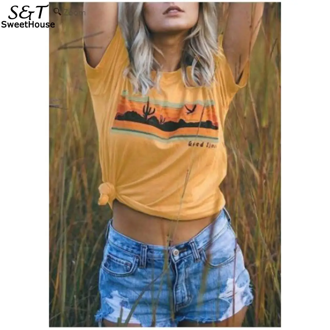 Женская модная повседневная желтая футболка с коротким рукавом и принтом летний