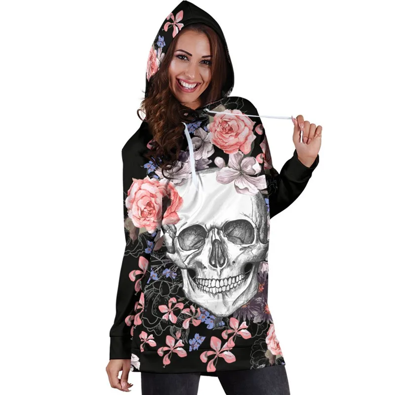 skull dress Худи с длинным рукавом и цветочным принтом, платье-толстовка, облегающее женское мини-платье, Осеннее женское платье с капюшоном, Vestidos размера плюс, пуловер, топы - Цвет: skull dress