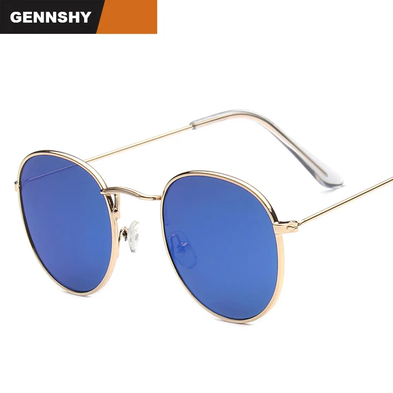 2017 Women Metal Frames Round Sunglasses Bright Reflective Coating Lenses Sun Glasses Lady Brand Retro Blue Mirror Eyewear UV400
