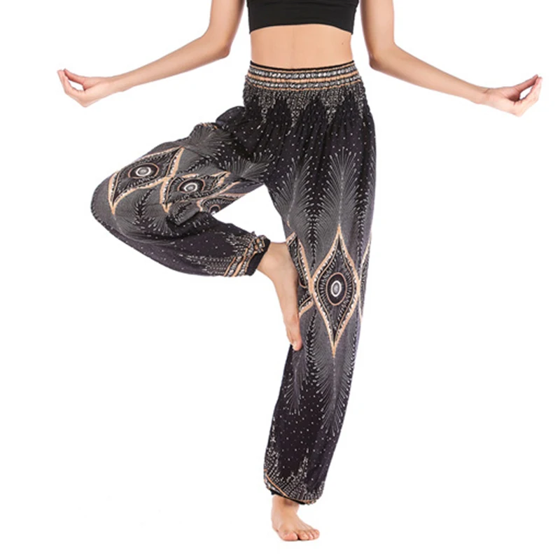 Летние женские брюки с широкими штанинами Boho шаровары цифровым принтом длинные