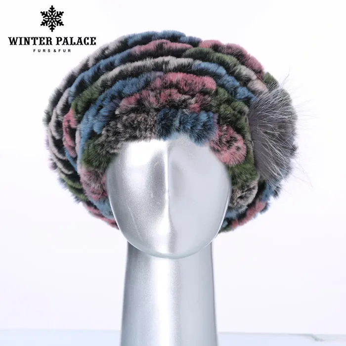 Горячая Подлинная Трикотажные кролика рекс меховая шапка зимняя женская цветочный Кепки женский головной убор Для женщин шапочки меховые шапки h-725 - Цвет: Multicolor