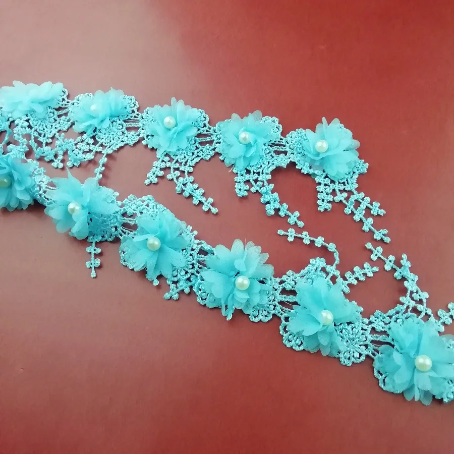 1 Yard Sky Blue Tassel Flowers Pearl Lace Edge Trimmings Ribbons Beaded Fabric Embroidered Sewing Wedding Dress Clothes | Дом и сад