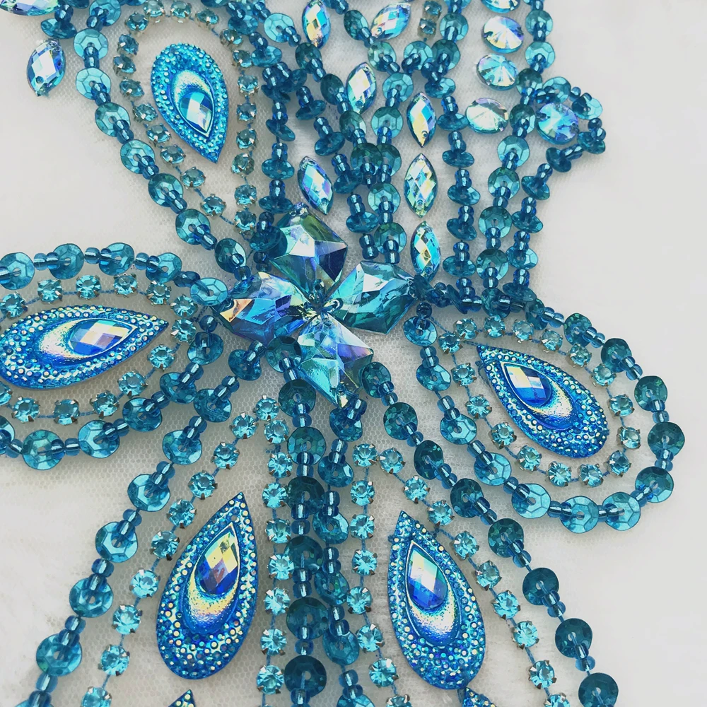 

All Handmade Exquisite Crystals Rhinestones Sequins Bead Sew on For Diy Dress Wedding Appliques Patches Trimming Blue Decoration