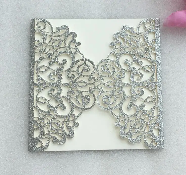 Silver card pocket Лазерная резка под заказ блестящие приглашения на свадьбу с биркой, роскошные свадебные пригласительные открытки, 100 шт, экспресс - Цвет: Silver card pocket