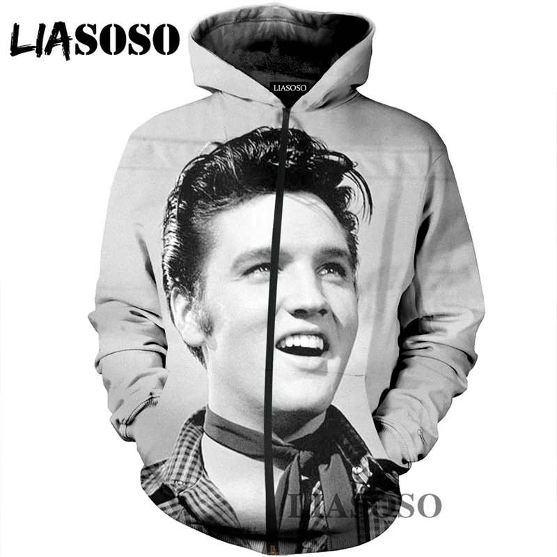 LIASOSO 3D принт Для женщин Для мужчин Элвис Пресли Король рок с капюшоном съехать толстовки Повседневное куртка на молнии Harajuku X0625