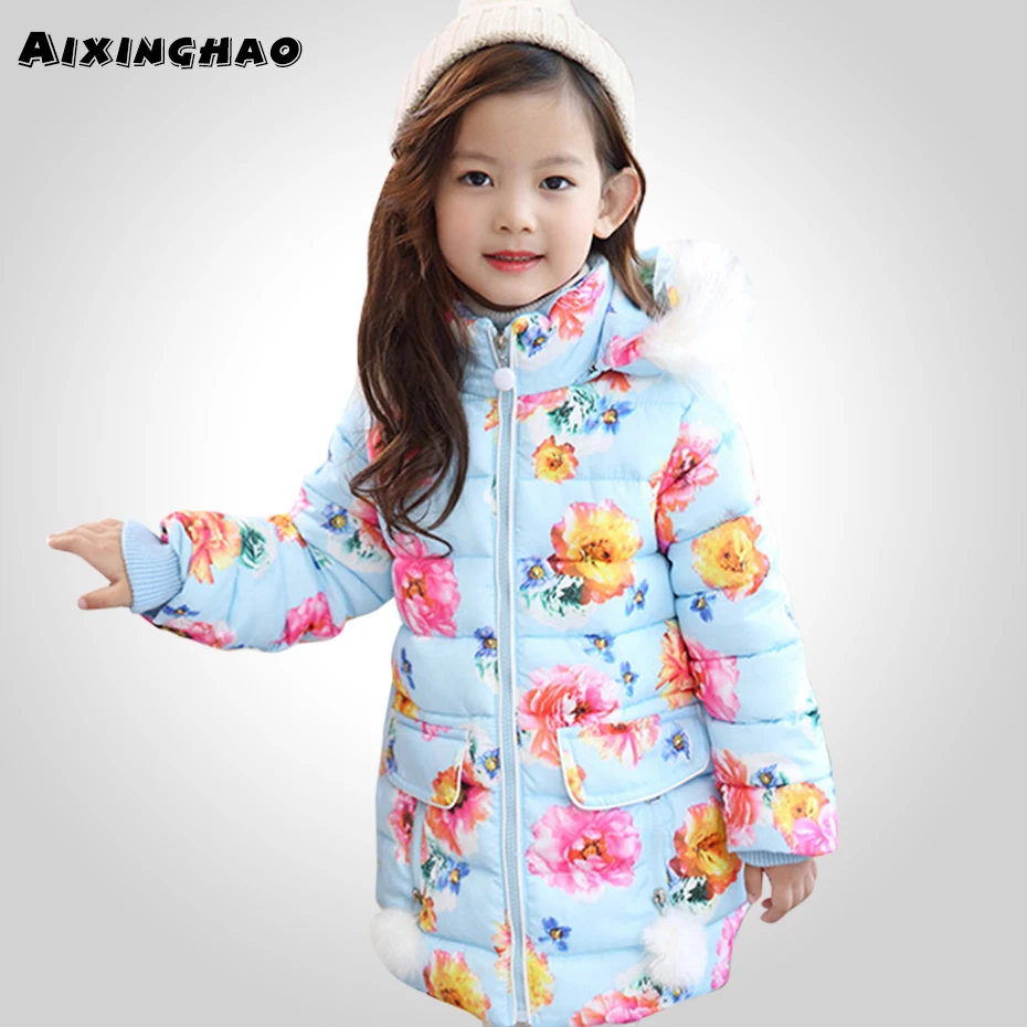 Зимние пальто для девочек с цветочным рисунком теплая верхняя одежда