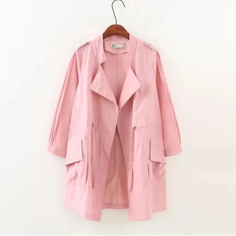 UHYTGF Oversized spring trench coat for women belt Loose thin Lady Pure color Wild Medium long ladies windbreaker coats1385 | Женская