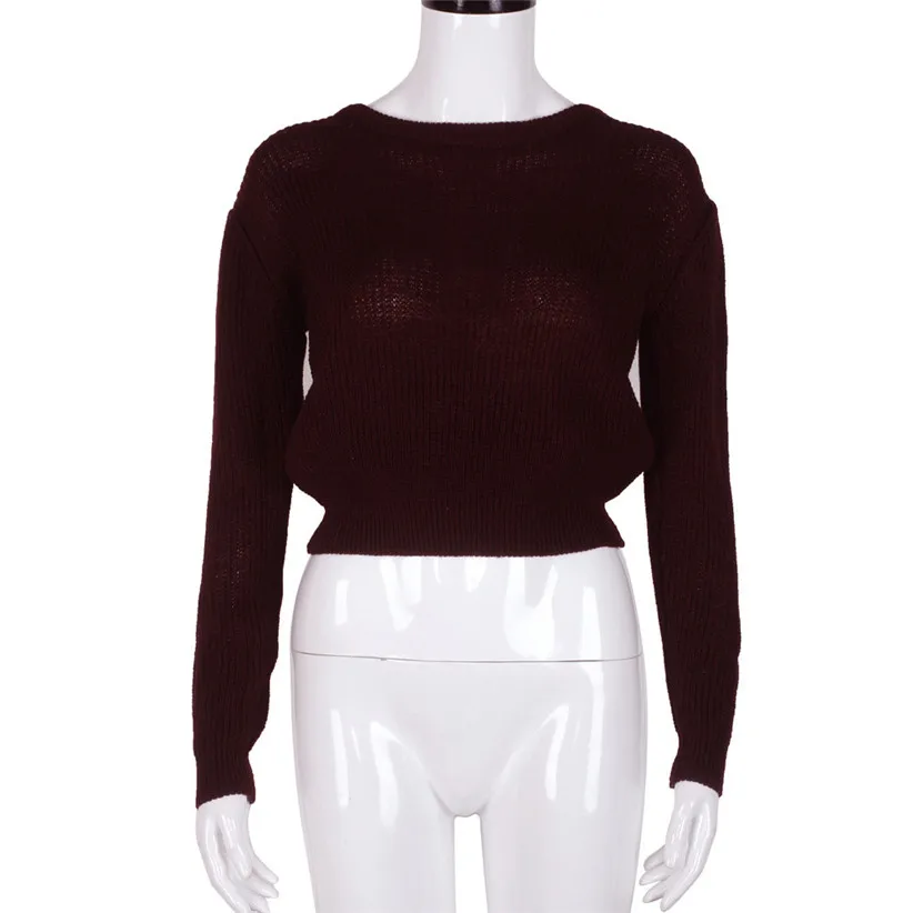 Newly Design Women Casual Autumn Knit Short Sweater Burgundy Long Sleeve Loose Crop Top Pullover Drop Shipping #0720 | Женская одежда