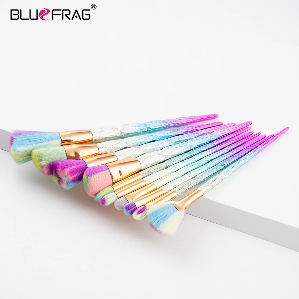 BLUEFRAG Mermaid Makeup Brushes 10pcs Professional Kit Contour Brush Eyeshadow Blending Brand Foundation Set | Красота и здоровье