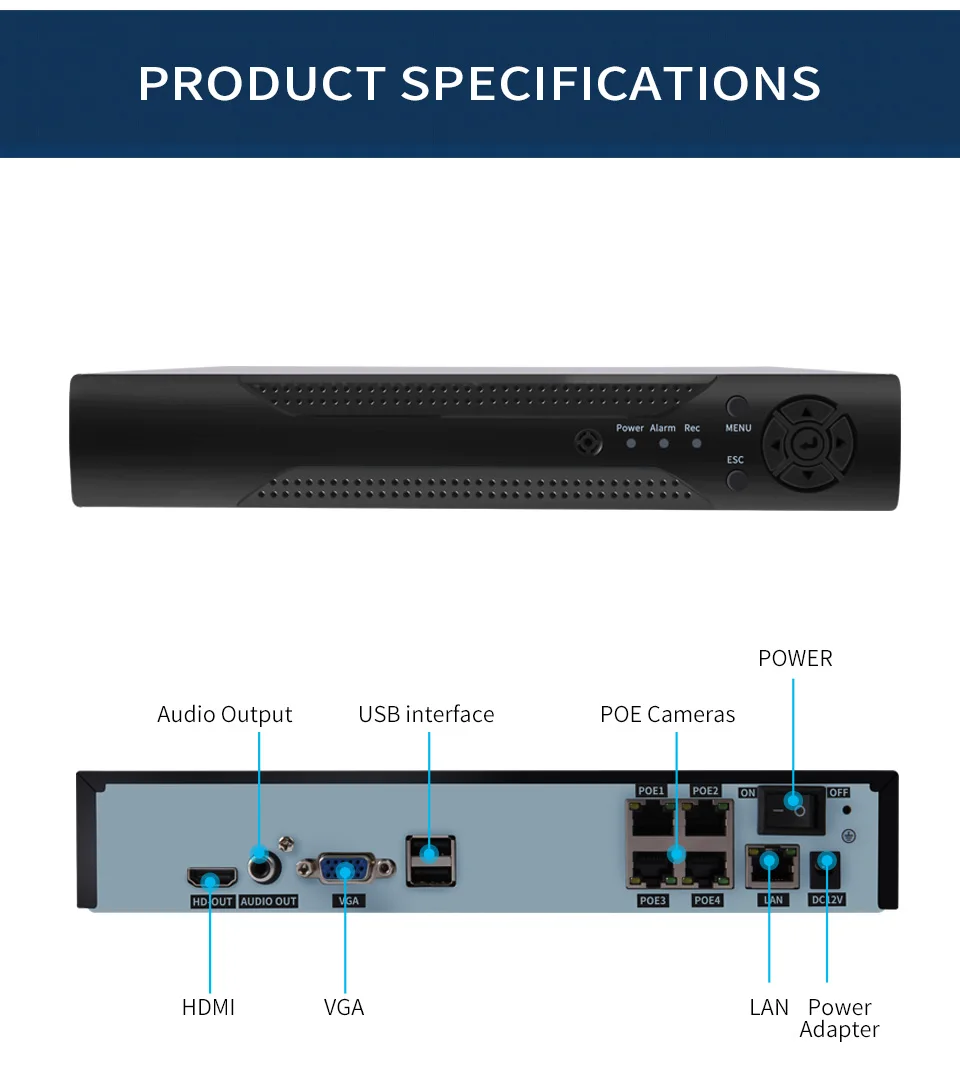 H.265 8CH 48V POE NVR 5MP/1080P аудио выход наблюдения безопасности видео рекордер для POE камеры обнаружения движения