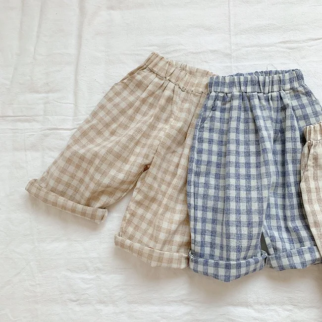 Летние хлопковые клетчатые штаны до щиколотки для маленьких девочек