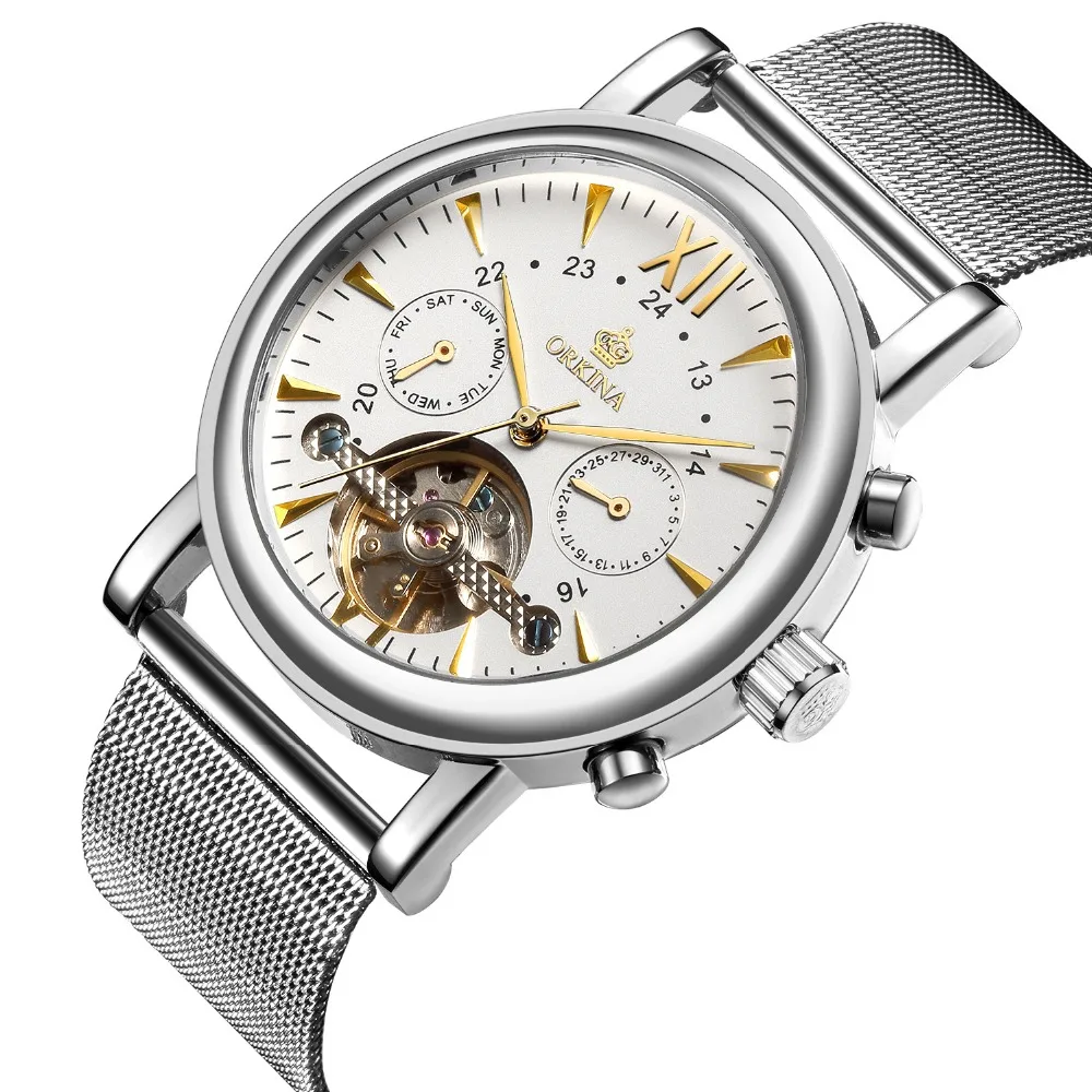 Мужские часы ORKINA автоматические Золотые механические из нержавеющей стали с