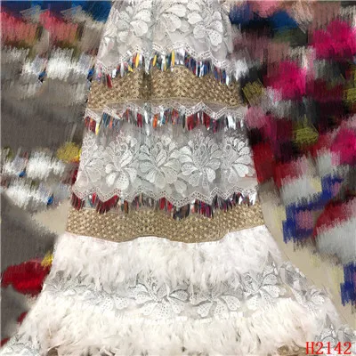 as picture Африканская ткань тюль с блестками Золотое кружево нигерийская кружевная ткань Плюм вышитая африканская шифоновая кружевная ткань с перьями HJ2142-1 - Цвет: as picture
