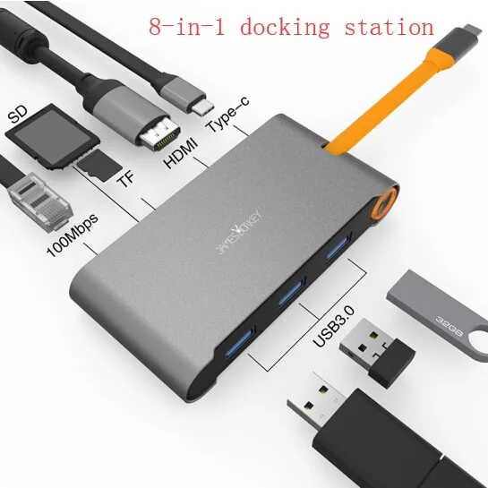 8-in-1 USB Hub-Gray James Donkey 7 в 1 USB C концентратор Thunderbolt 3 концентратор Универсальная док-станция для ноутбука с HDMI/VGA и Gigabit Ethernet для Apple - Color: 8-in-1 USB Hub-Gray
