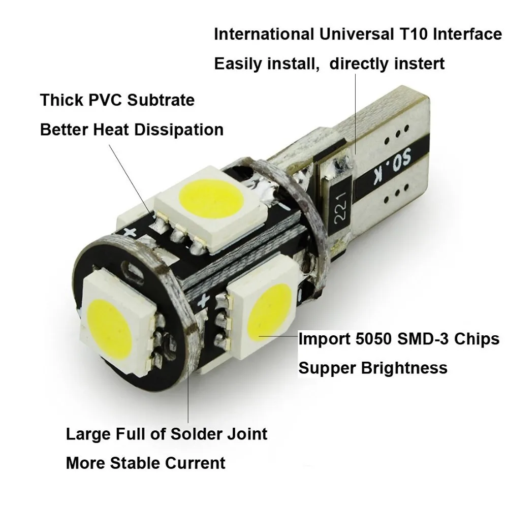 50 шт. светодиодный T10 Canbus 5 SMD 5050 194 168 без Ошибок W5W canbus OBC безотказный светильник для