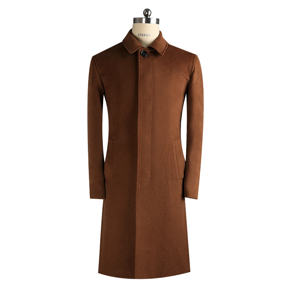

URSMART Long business men's coat single row button fashionable pure color coat men thickened wool new coat