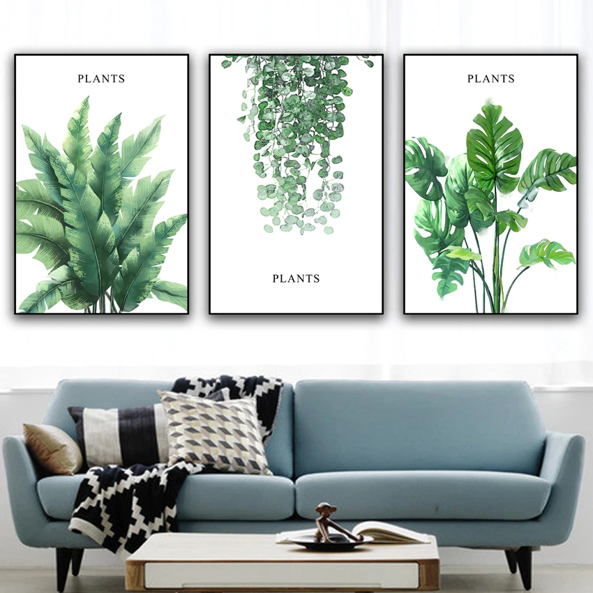 Настенная картина на холсте с зелеными растениями в скандинавском стиле большая