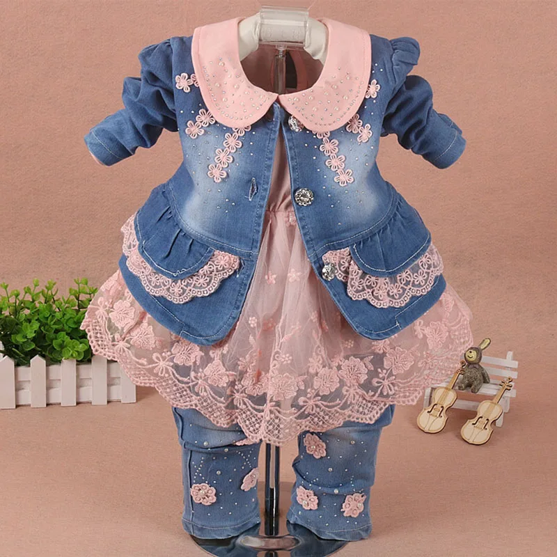 

children set baby girl clothes 3 pieces suit coat denim pants autumn spring roupa jeans para infant toddler kid pink kit de bebe