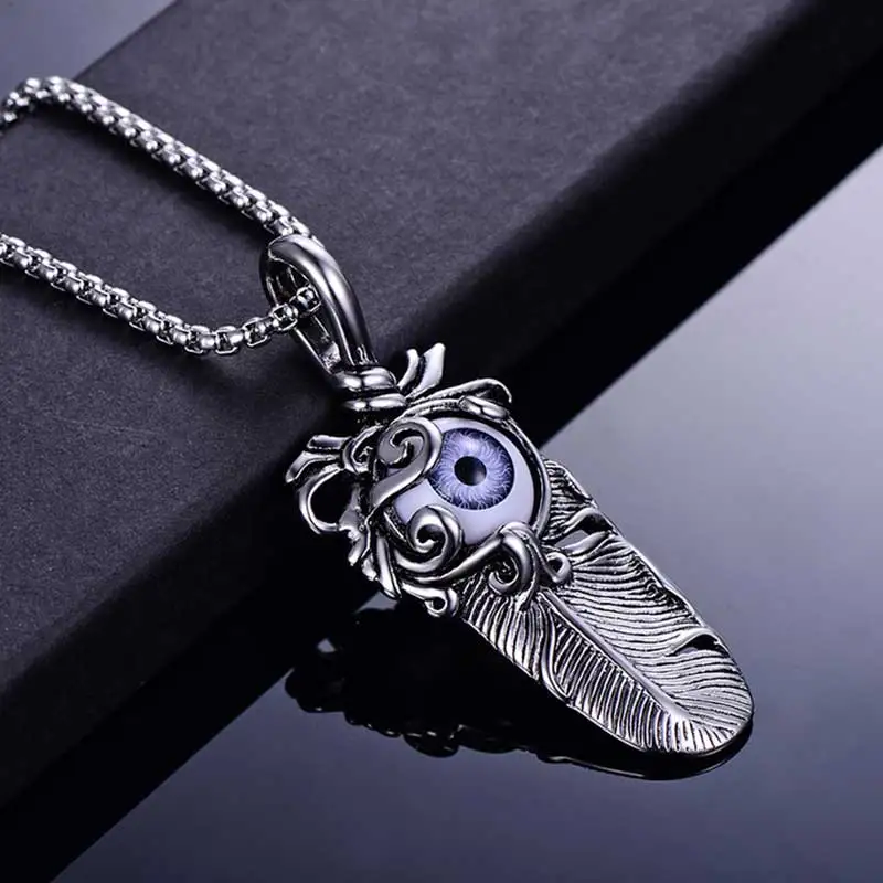 ZFVB Punk Feather Eye Necklaces Men's 316L Stainless Steel Vintage Silver color Leaf Necklace Pendants Statement Jewelry Bijoux |