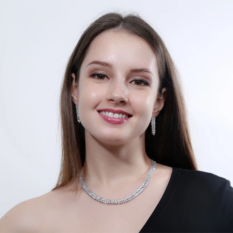 Комплект из колье и серёг с фианитом в форме листьев|necklace earring|bridal necklaceparty jewelry set |