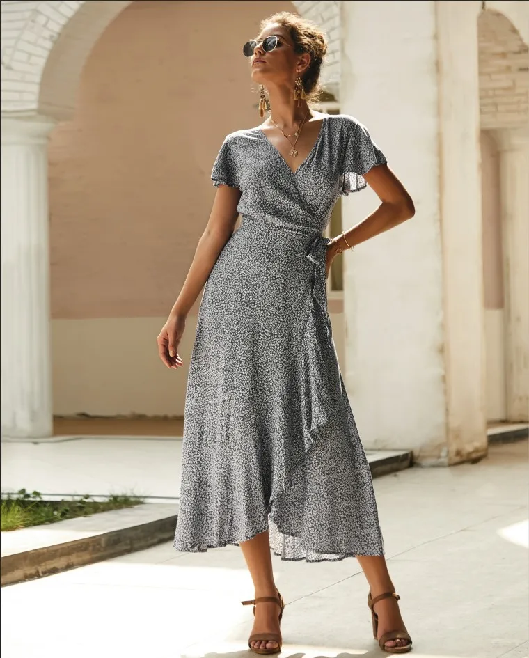 Женское длинное сексуальное вечернее платье с принтом в горошек летнее