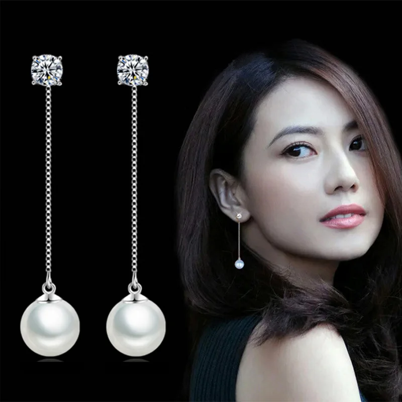 

Wholesale 925 sterling silver fashion pearl crystal ladies long tassels stud earrings jewelry Christmas gift women